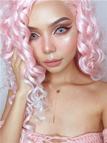 Long Pink To White Ombre Curly Synthetic Lace Front Wig - FashionLoveHunter