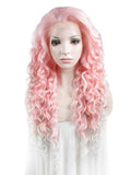 Long Pink To White Ombre Curly Synthetic Lace Front Wig - FashionLoveHunter