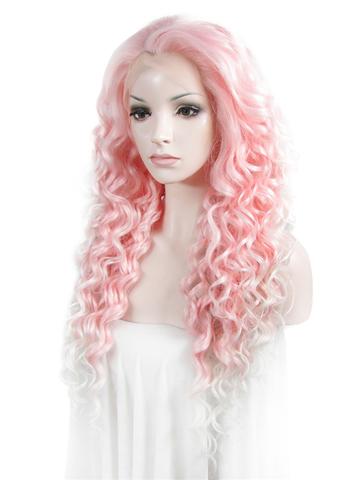 Long Pink To White Ombre Curly Synthetic Lace Front Wig - FashionLoveHunter