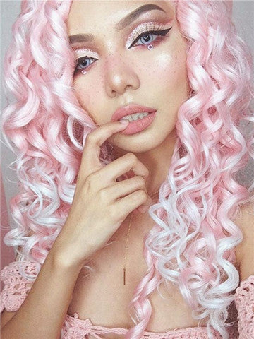 Long Pink To White Ombre Curly Synthetic Lace Front Wig - FashionLoveHunter