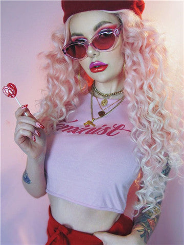 Long Pink To White Ombre Curly Synthetic Lace Front Wig  display picture 1