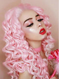 Long Pink To White Ombre Curly Synthetic Lace Front Wig - FashionLoveHunter