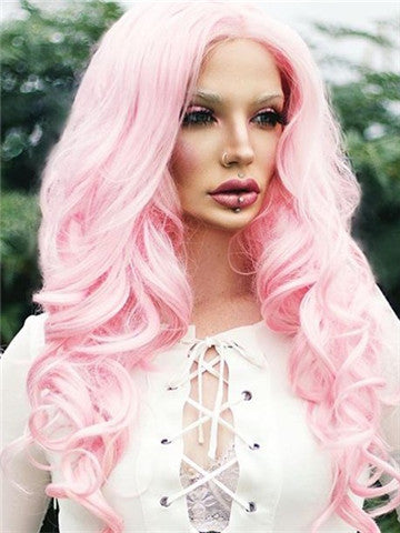 Long Pink Wave Cupcake Synthetic Lace Front Wig - FashionLoveHunter