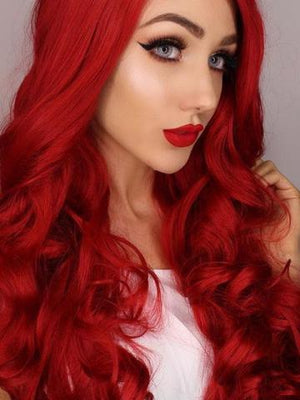 Long Pure Big Red Wavy Synthetic Lace Front Wig - FashionLoveHunter