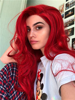 Long Pure Big Red Wavy Synthetic Lace Front Wig - FashionLoveHunter