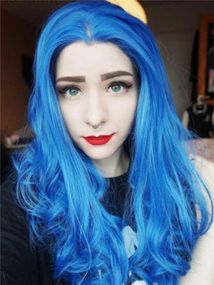 Long Pure Sea Blue Wave Synthetic Lace Front Wig - FashionLoveHunter