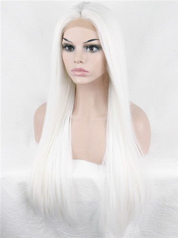 Long Pure White Cosplay Straight Synthetic Lace Front Wig - FashionLoveHunter