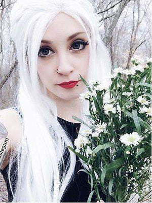 Long Pure White Cosplay Straight Synthetic Lace Front Wig - FashionLoveHunter