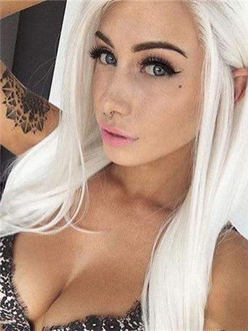 Long Pure White Cosplay Straight Synthetic Lace Front Wig - FashionLoveHunter