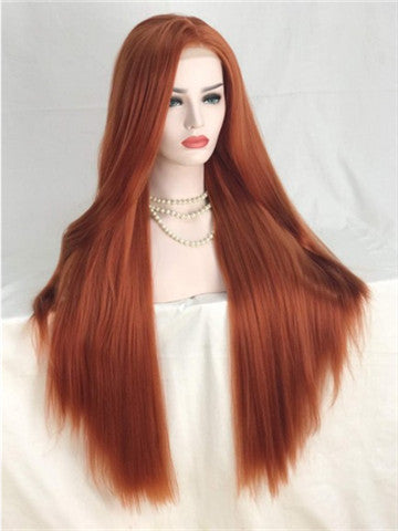 Long Reddish Brown Autumn Twilight Copper Straight Synthetic Lace Front Wig - FashionLoveHunter