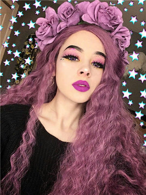 Long Reddish Purple Burgundy Curly Synthetic Lace Front Wig - FashionLoveHunter