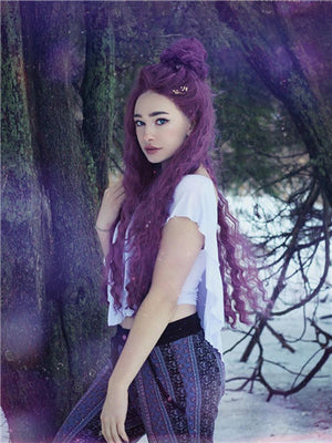 Long Reddish Purple Burgundy Curly Synthetic Lace Front Wig - FashionLoveHunter
