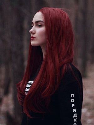 Long Rose Dark Wine Red Straight Synthetic lace front wig - FashionLoveHunter