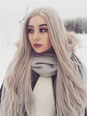 Long Silver Grey Straight Synthetic Lace Front Wig - FashionLoveHunter