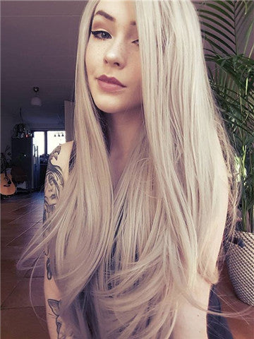 Long Silver Grey Straight Synthetic Lace Front Wig - FashionLoveHunter