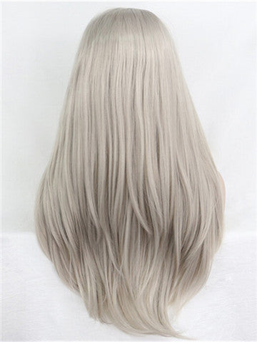 Long Silver Grey Straight Synthetic Lace Front Wig - FashionLoveHunter