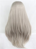 Long Silver Grey Straight Synthetic Lace Front Wig - FashionLoveHunter