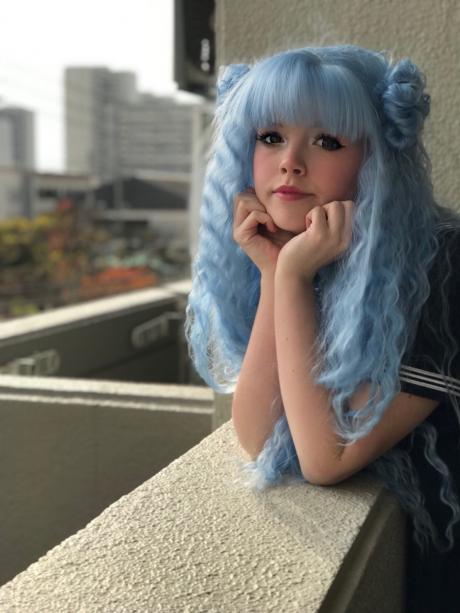 Long Sky Powder Blue Curly Synthetic Lace Front Wig