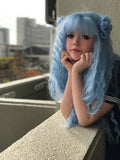 Long Sky Powder Blue Curly Synthetic Lace Front Wig