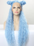 Long Sky Powder Blue Curly Synthetic Lace Front Wig