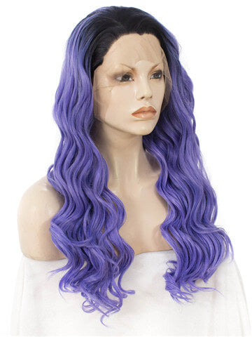 Long SlateBlue Ombre Deep Wave Synthetic Lace Front Wig