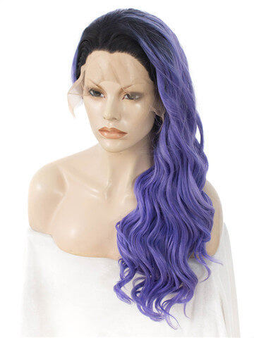 Long SlateBlue Ombre Deep Wave Synthetic Lace Front Wig