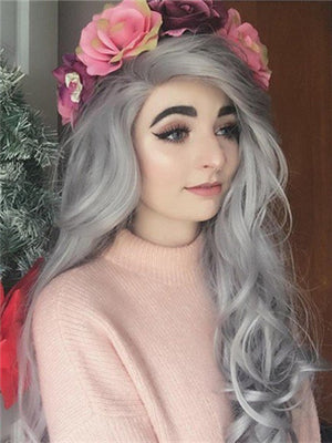 Long Star Grey Wavy Synthetic Lace Front Wig - FashionLoveHunter