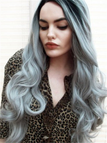 Long Stylish Enhancing Gray Ombre Wave Synthetic Lace Front Wig - FashionLoveHunter