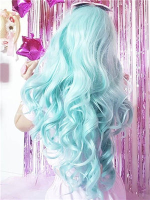Long Turquoise Green Wave Synthetic Lace Front Wig - FashionLoveHunter