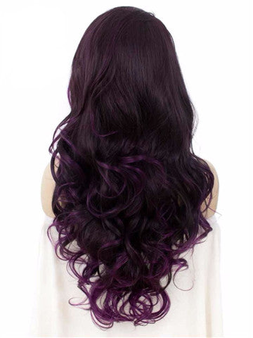 Long Eggplant Dark Purple Ombre Wavy Synthetic Lace Front Wig - FashionLoveHunter