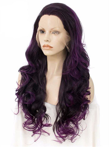 Long Eggplant Dark Purple Ombre Wavy Synthetic Lace Front Wig - FashionLoveHunter