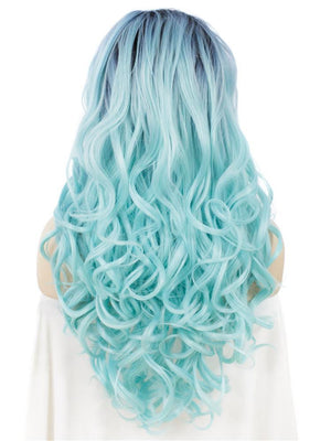 Dark Roots Sky Blue Layered Wavy Glueless Synthetic Lace Front Wigs - Imstylewigs