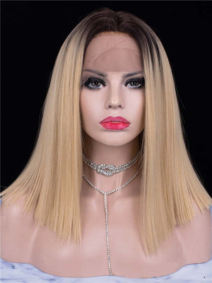 Middle Dark Rooted Gold Ombre Straight Synthetic Lace Front Wig