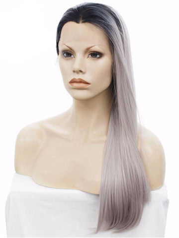 New Style Ombre Black To Grey Straight Synthetic Lace Front Wig - FashionLoveHunter