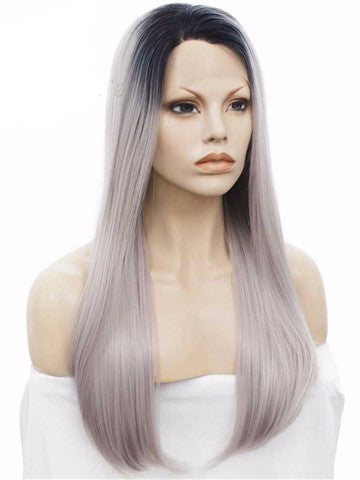 New Style Ombre Black To Grey Straight Synthetic Lace Front Wig - FashionLoveHunter