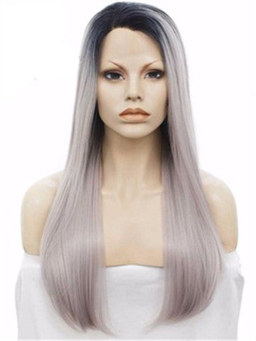 New Style Ombre Black To Grey Straight Synthetic Lace Front Wig - FashionLoveHunter