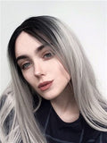 New Style Ombre Black To Grey Straight Synthetic Lace Front Wig - FashionLoveHunter