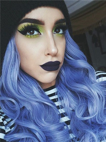 Ocean Blue Ombre Long Wavy Synthetic Lace Front Wig - FashionLoveHunter