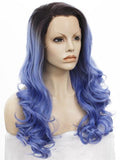 Ocean Blue Ombre Long Wavy Synthetic Lace Front Wig - FashionLoveHunter