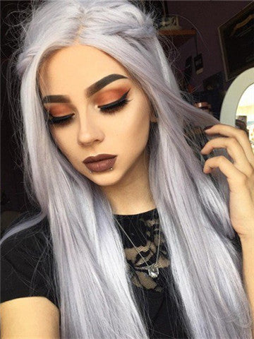 Pastel Light Silver Blue Lilac Long Synthetic Lace Front Wig - FashionLoveHunter