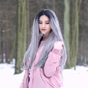 Popular Black Roots Grey Ombre Long Synthetic Lace Front Wig - FashionLoveHunter