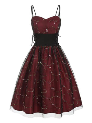 Mesh Embroidery Lace Up Side High Waist Vintage Corset Dresses Women Fit and Flare Elegant Party Pleated Retro Cami Dress