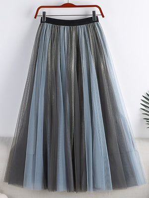 Women Street Style Contrast Color Patchwork Tulle Skirt Elastic High Waist Metallic A Line Mesh Midi Skirt