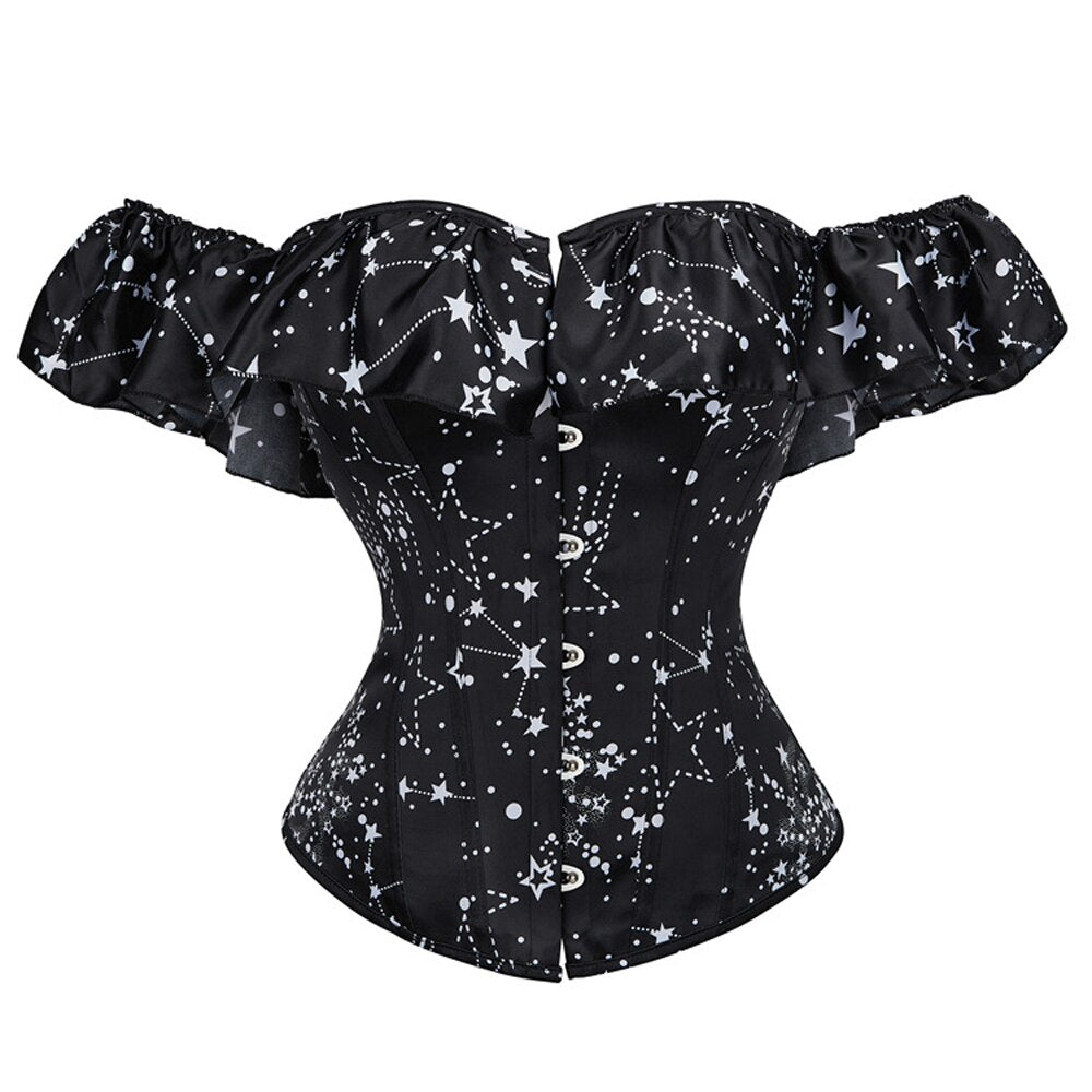 Off Shoulder Sexy Black Waist Cincher Overbust Steel Boned Prints Bustier Lace up Back Lingerie Corset