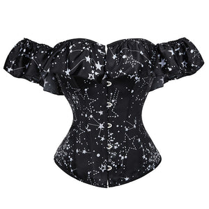 Off Shoulder Sexy Black Waist Cincher Overbust Steel Boned Prints Bustier Lace up Back Lingerie Corset