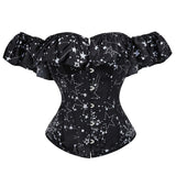 Off Shoulder Sexy Black Waist Cincher Overbust Steel Boned Prints Bustier Lace up Back Lingerie Corset