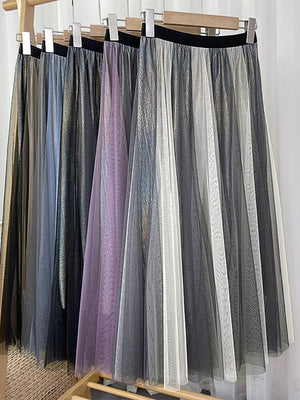 Women Street Style Contrast Color Patchwork Tulle Skirt Elastic High Waist Metallic A Line Mesh Midi Skirt