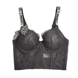 Crop Top with Built-in Bra as Outerwear Women Lace Mesh Cropped Sexy Wide Straps Corset Push Up Bustier