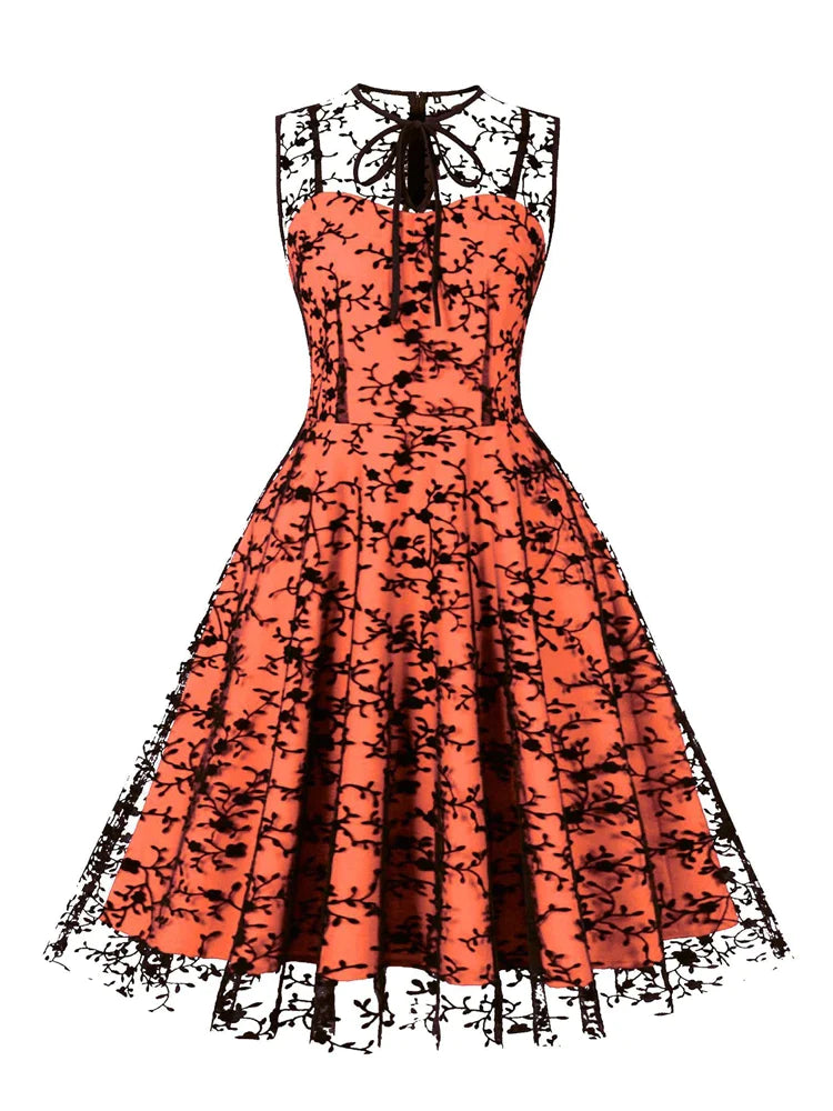 Tie Neck Sleeveless Keyhole Front Mesh Overlay Women Vintage Midi Dres FashionLoveHunter Tie Neck Sleeveless Keyhole Front Mesh Overlay Women Vintage Midi Dres FashionLoveHunter