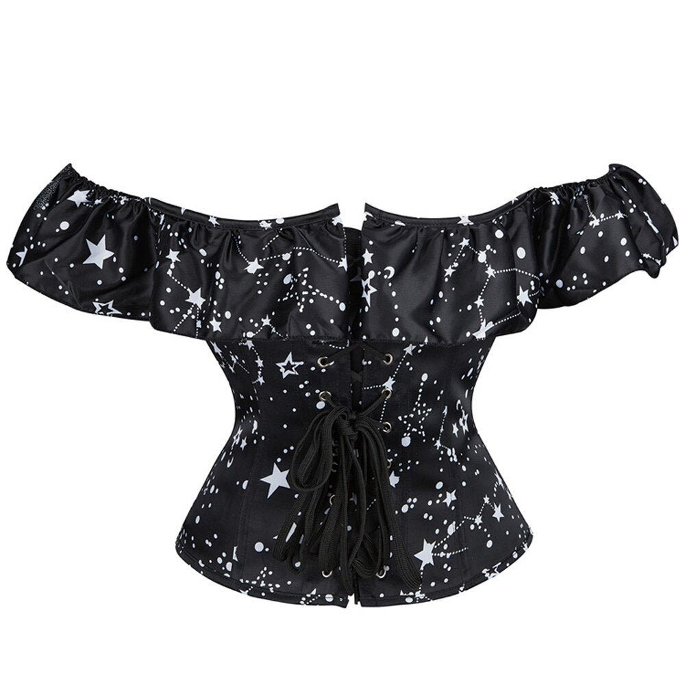 Off Shoulder Sexy Black Waist Cincher Overbust Steel Boned Prints Bustier Lace up Back Lingerie Corset